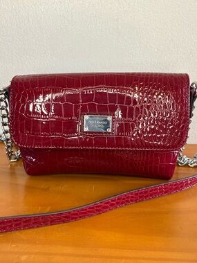 Liz Claiborne Red Croc-Embossed Patent Crossbody Bag with Silver Hardware